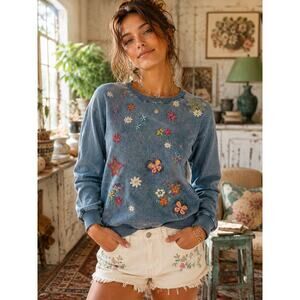 Billy T In Full Bloom Embroidered Sweatshirt Denim Floral Butterfly Nordstrom